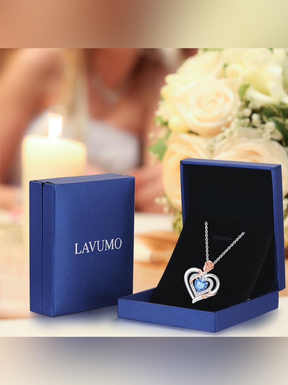 Lavumo 925 Sterling Silver Double Heart Rose Flower Necklace
